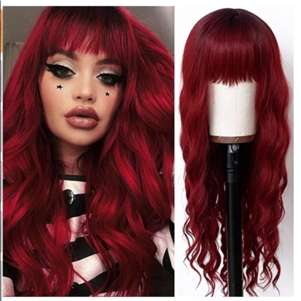 Long wavy wine red synthetic 24” wig